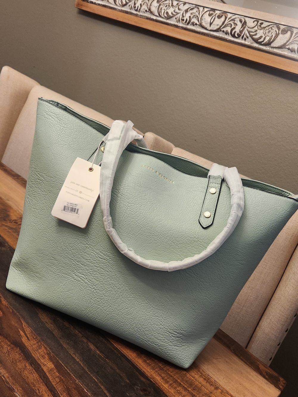 Poppy & Peonies Mint Green Pebbled Tote with Gold Hardware
